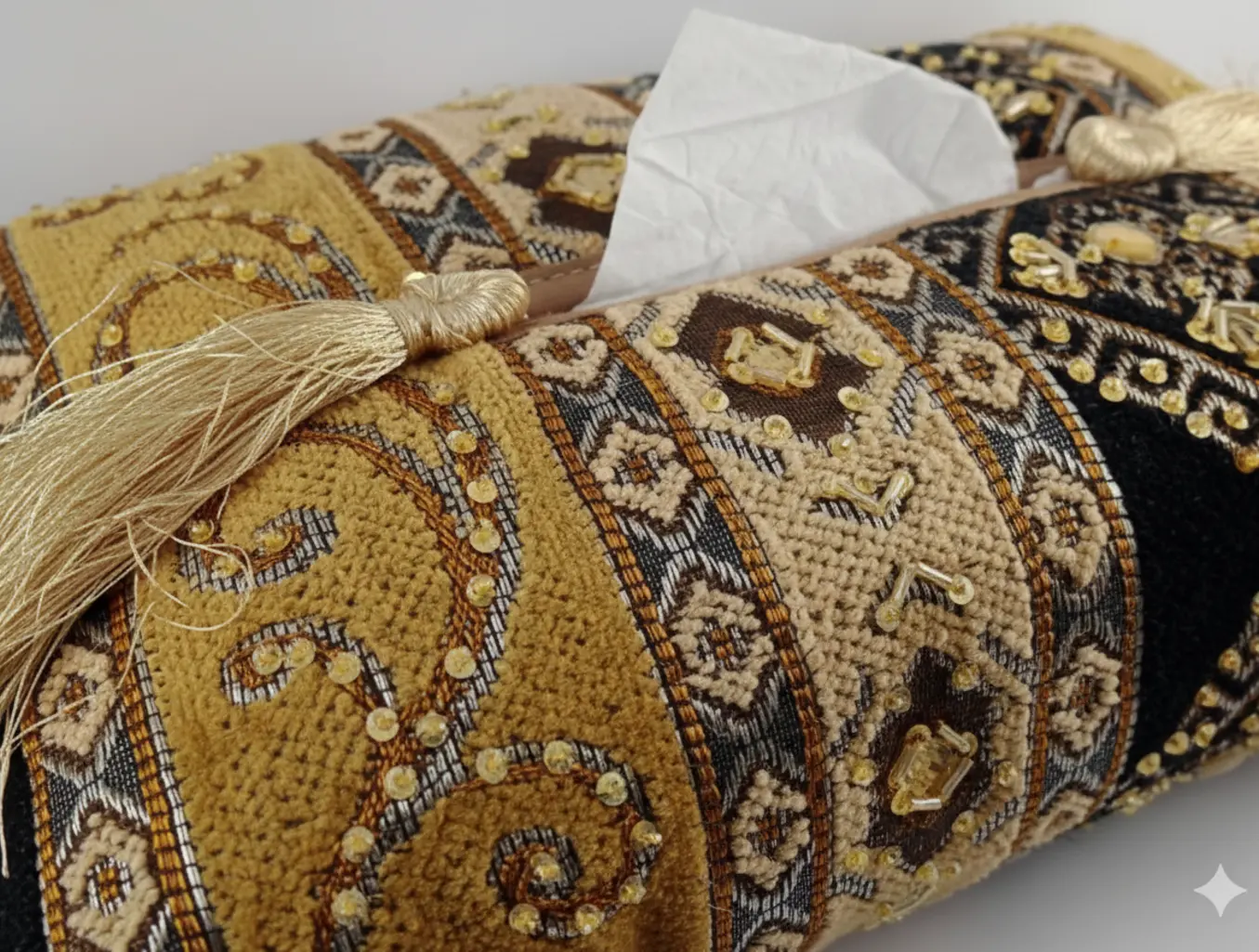 Handcrafted Jacquard Tissue Box Cover Black Golden